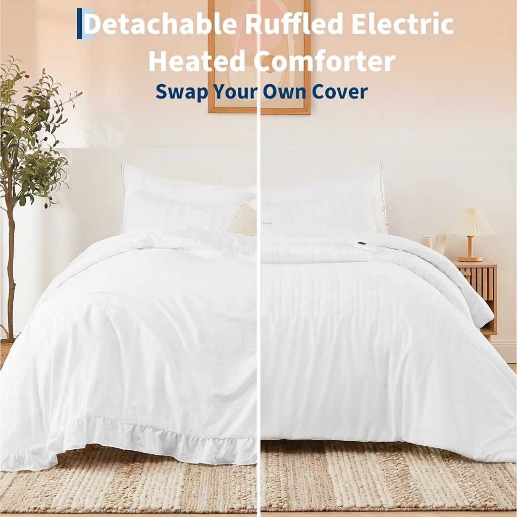 GARVEE Oversized Heated Comforter Blanket,104"X90" Cal King Size Ruffle Electric Quilt with Wireless LCD Controller,6 Heat Levels&1-10H Timer,ETL Certified,White