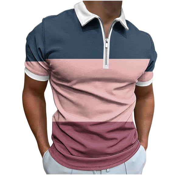 Zekutng T Shirts for Man Two-Tone Casual Short-Sleeve Zipper Collar Shirt,Sizes S-2XL