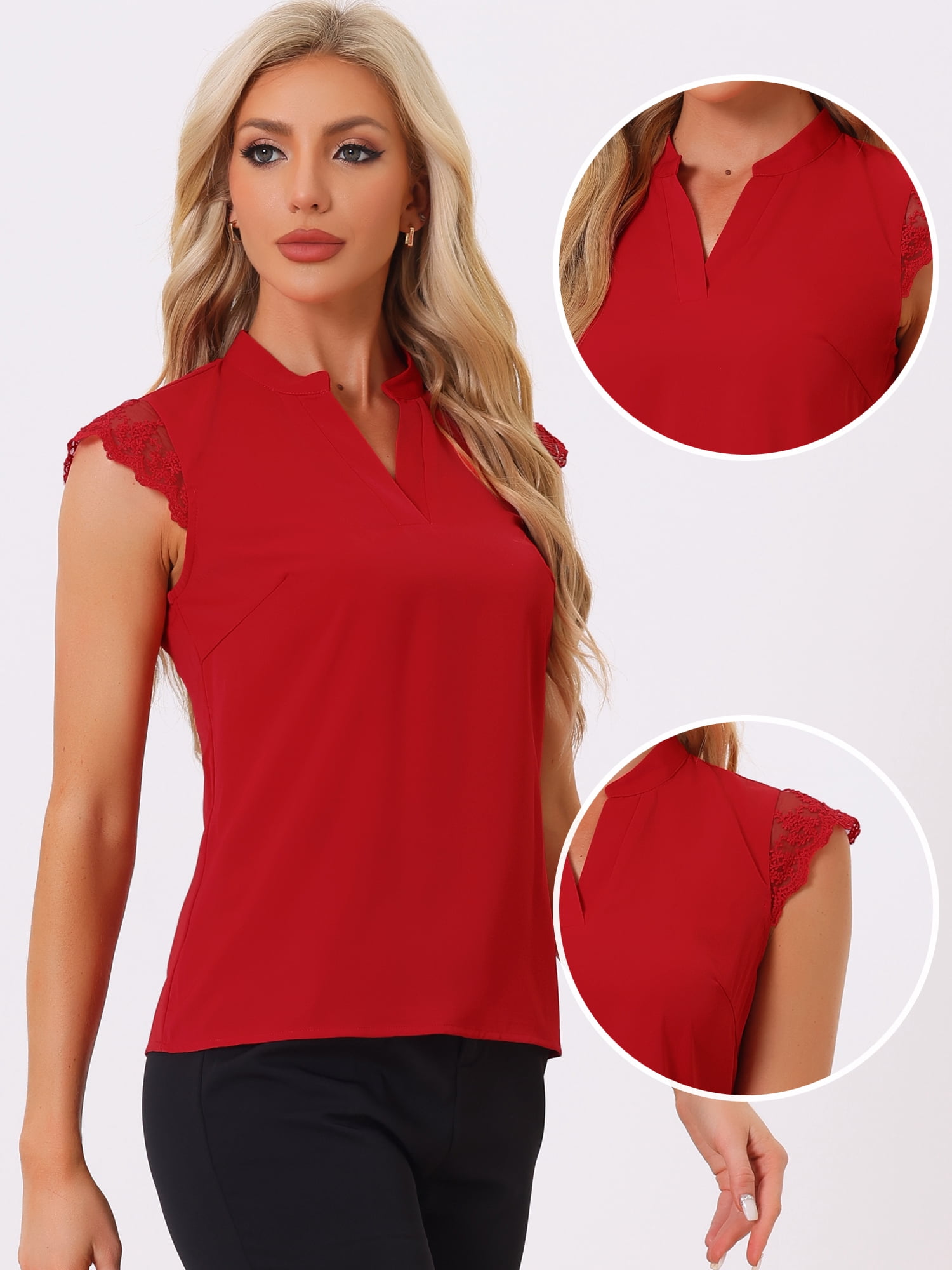 DARING DIVA Women's V Neck Sleeveless Basic Blouse Top L Bright Red