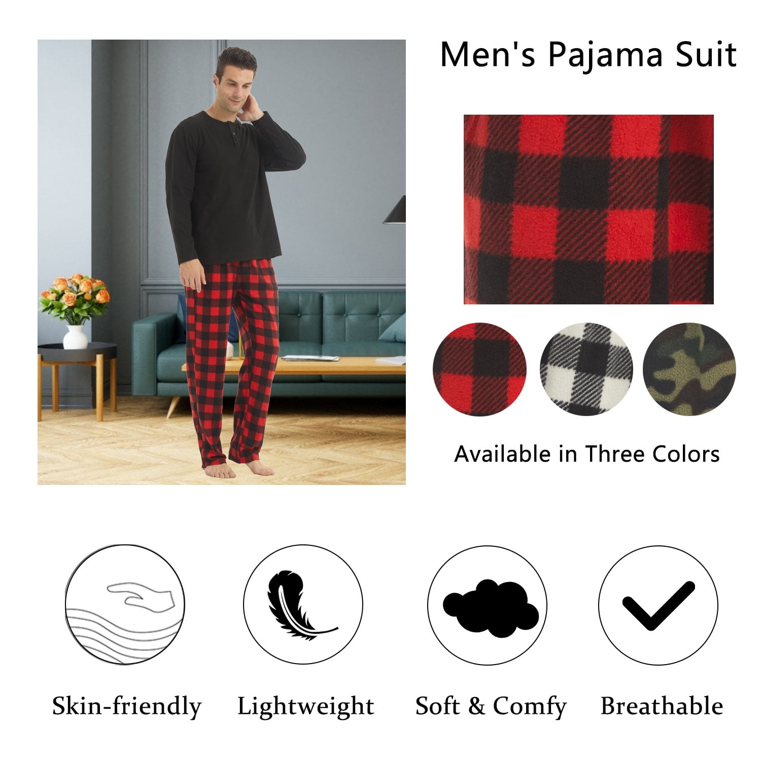 LANBAOSI Men Fleece Pajamas Set Comfy Soft Knit Longsleeve Henley Top And Polar Fleece Warm Pants Male Sleepwear Lounge Sets Size Medium Walmart