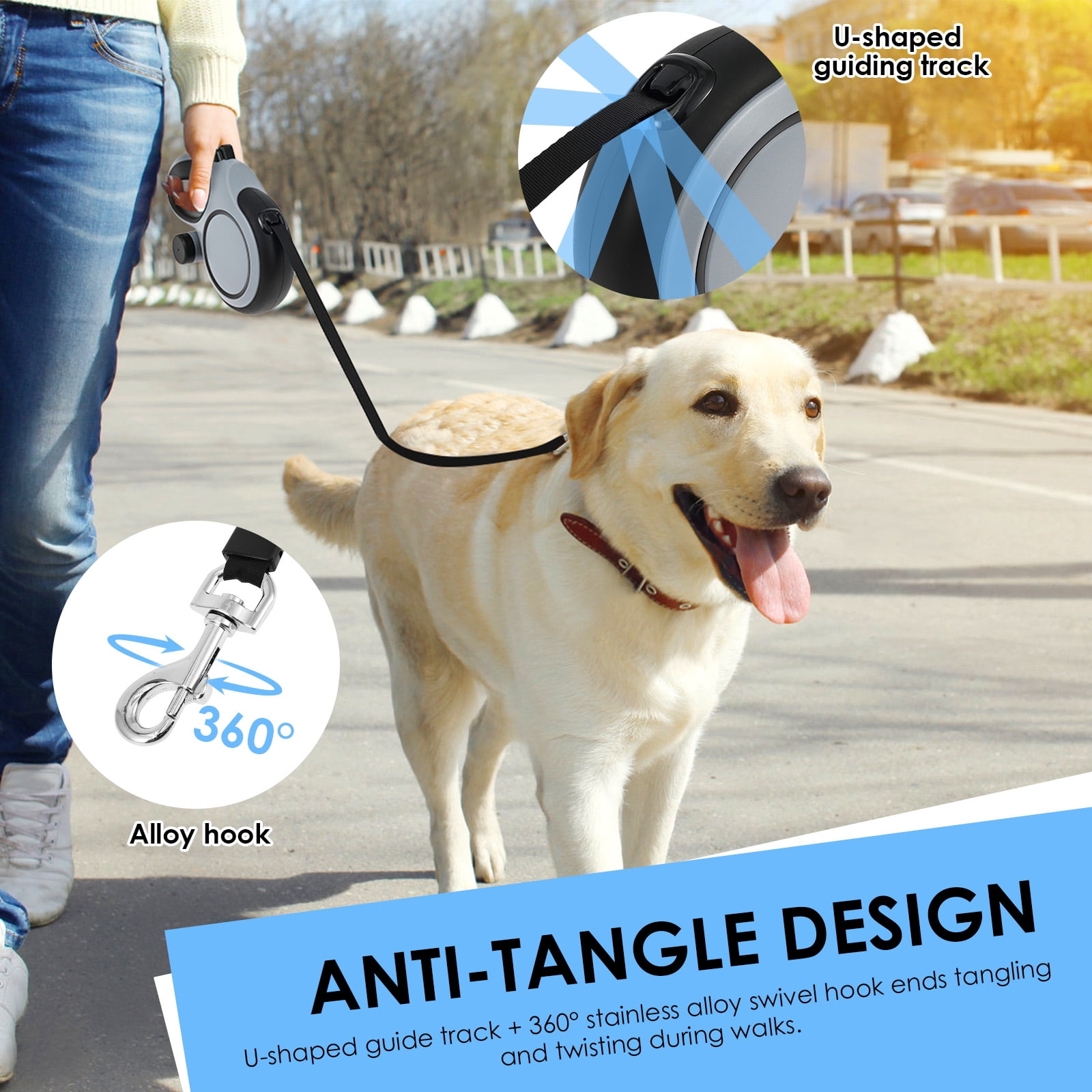 Threns Retractable Dog Leash,26 ft Heavy Duty Dog Leash for Dogs up to 110lbs,Pet Walking Leash with Waste Bag,Strong Nylon Tape,No Tangle,One-Handed Brake,Pause,Lock