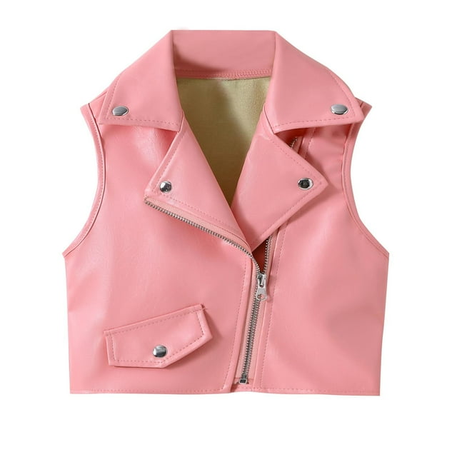 hoksml Girls PU Leather Vest 1-10 Years British Style Sleeveless Jacket with Rivets Notch Lapel Zip Up Waistcoat