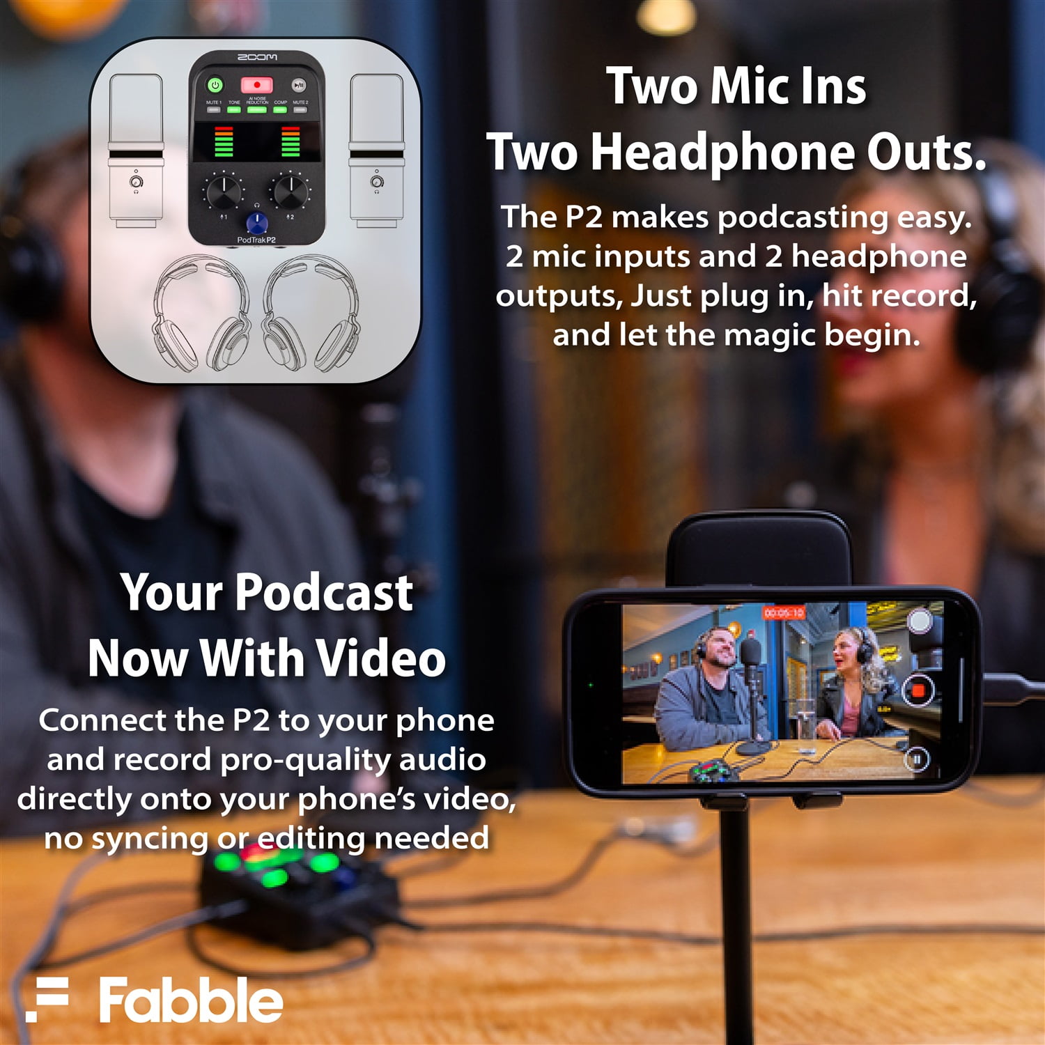 Zoom PodTrak P2 Podcasting Bundle: Includes PodTrak P2 Recorder, 2 ZUM-2 Podcast Mic Packs, 32GB microSDHC Card, AA Rechargeable Battery Kit with Charger, and Premium Black Microfiber Cleaning Cloth