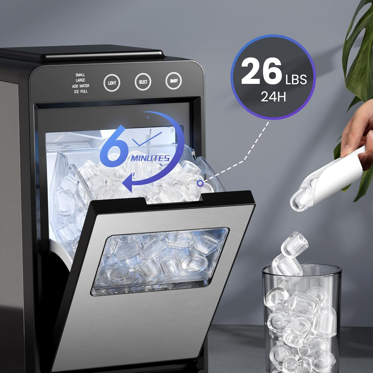 Havato  Ice Maker Countertop, 26 lbs/24Hrs, 8 Cubes in 6 Mins,Portable Ice Machine with Self-Cleaning, Quiet Compact Ice Maker for Kitchen, RV, Camping,Silver