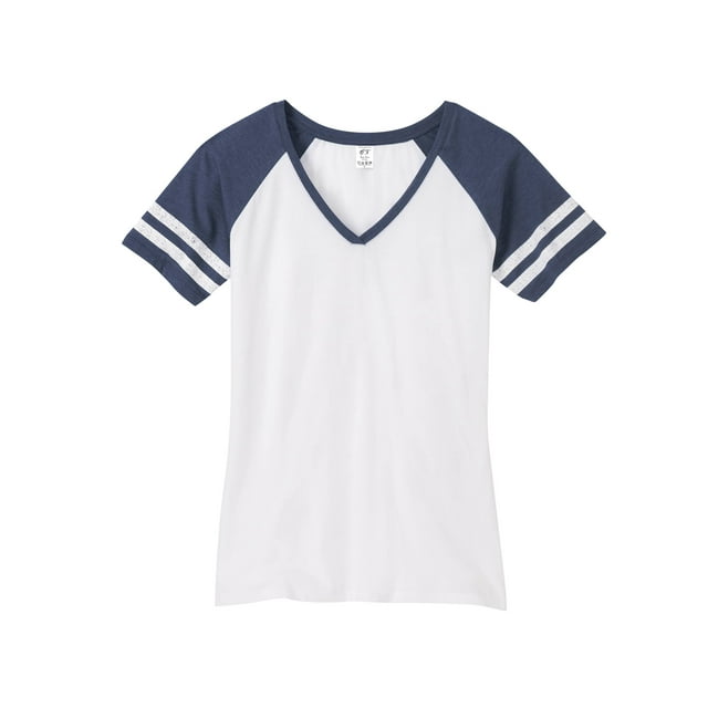 Gravity Threads Womens Distressed Stripe V-Neck Shirt - White/Heather Navy - X-Large