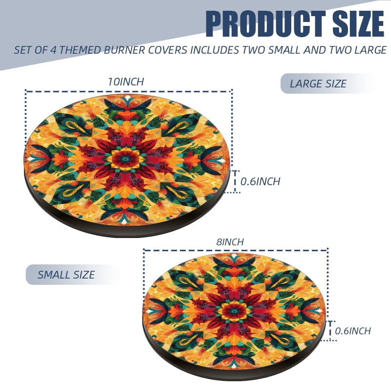 Round Gas Stove Burner Covers, Retro Floral Boho Style Gas Stove Burner Covers Set of 4 for Dining Room Cooktop Decorative, Kitchen Decor, 8 Inches and 10 Inches