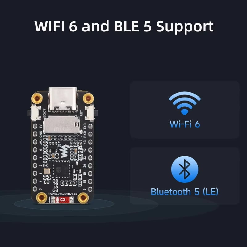 Waveshare ESP32-C6 Development Board with 1.47-Inch LCD Screen, RISC-V WiFi 6 & Bluetooth, 172x320 Resolution for AIoT/GUI/LVGL Applications