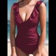 thumbnail image 5 of Traje de Baño de una Pieza con Volantes para Mujer, Escote en V, con Cordones, Vino Tinto, Talla M, 5 of 6