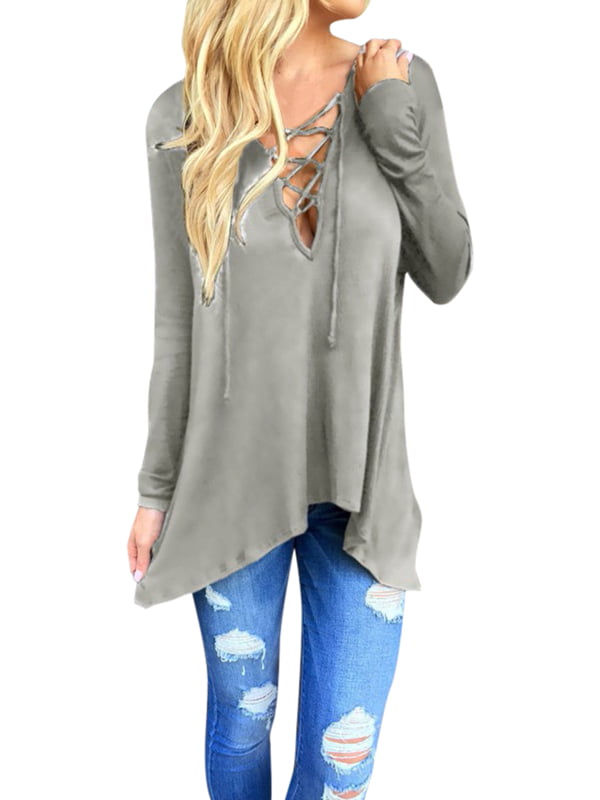 Blouses for Women Clearance Sexy Cross Lace-up Long Sleeve Hoodie ...