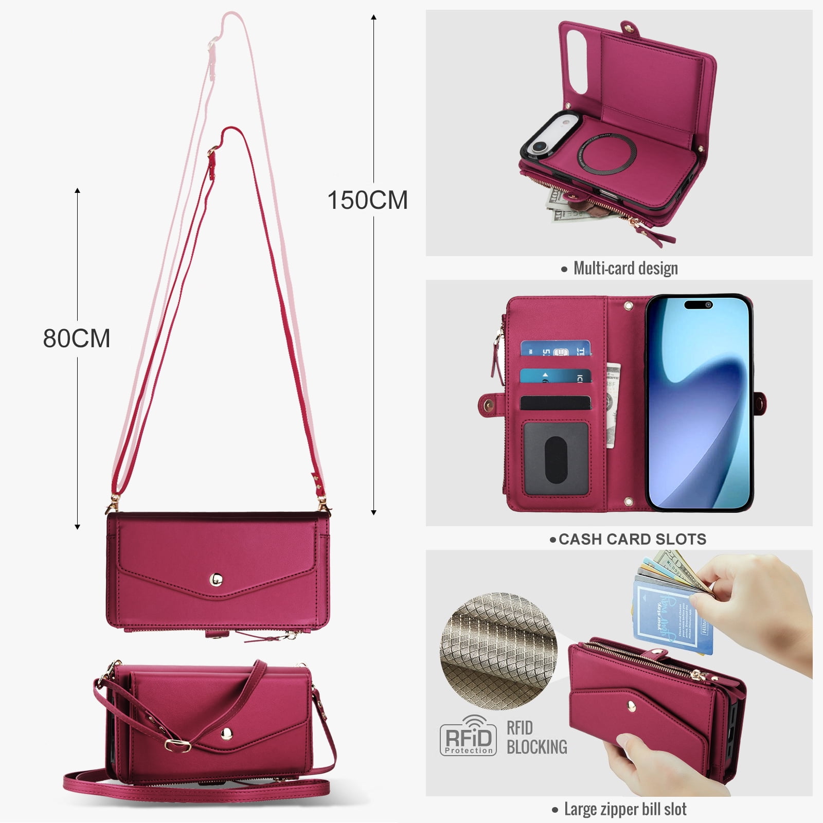 Designed for iPhone 17 Air Multi-Function Wallet Phone Case,With Shoulder Strap&Wrist Strap,Cash Pocket&Card Slots,Zipper Purse,Magnetic Detachable PU Leather Flip Phone Case,Red