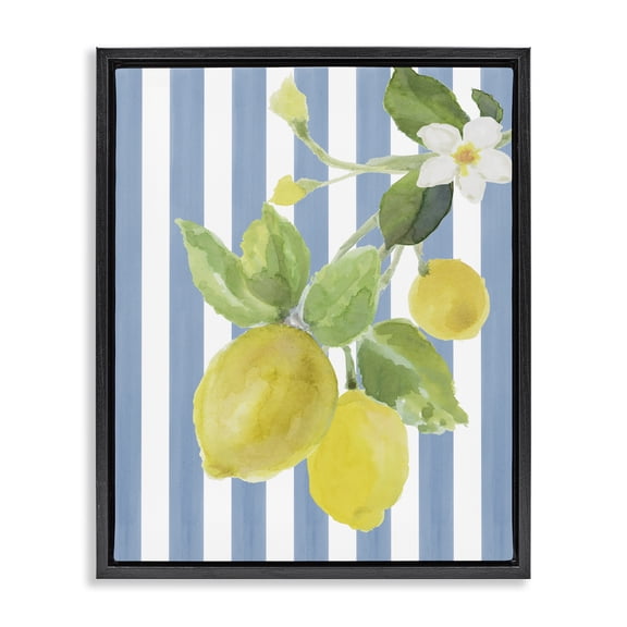 Stupell Industries Farmhouse Lemon Blossom on Blue Stripes Black Floating Frame Canvas Art, 17 x 21, by Lanie Loreth
