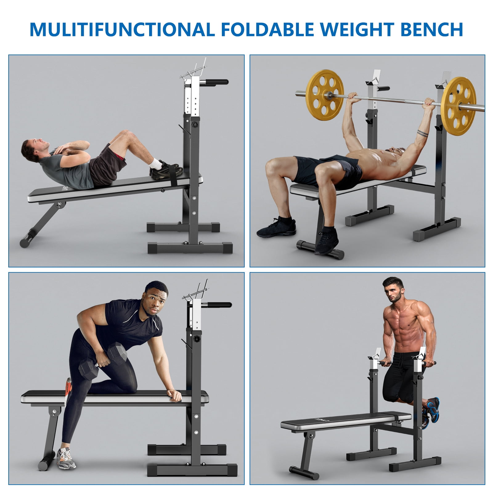 Lmdex Adjustable Weight Bench Press with Squat Rack & Folding Dip Station, Complete Home Gym Set with 150lbs Weight Plates and Olympic Curl Bar for Full Body Strength Training (Grey）