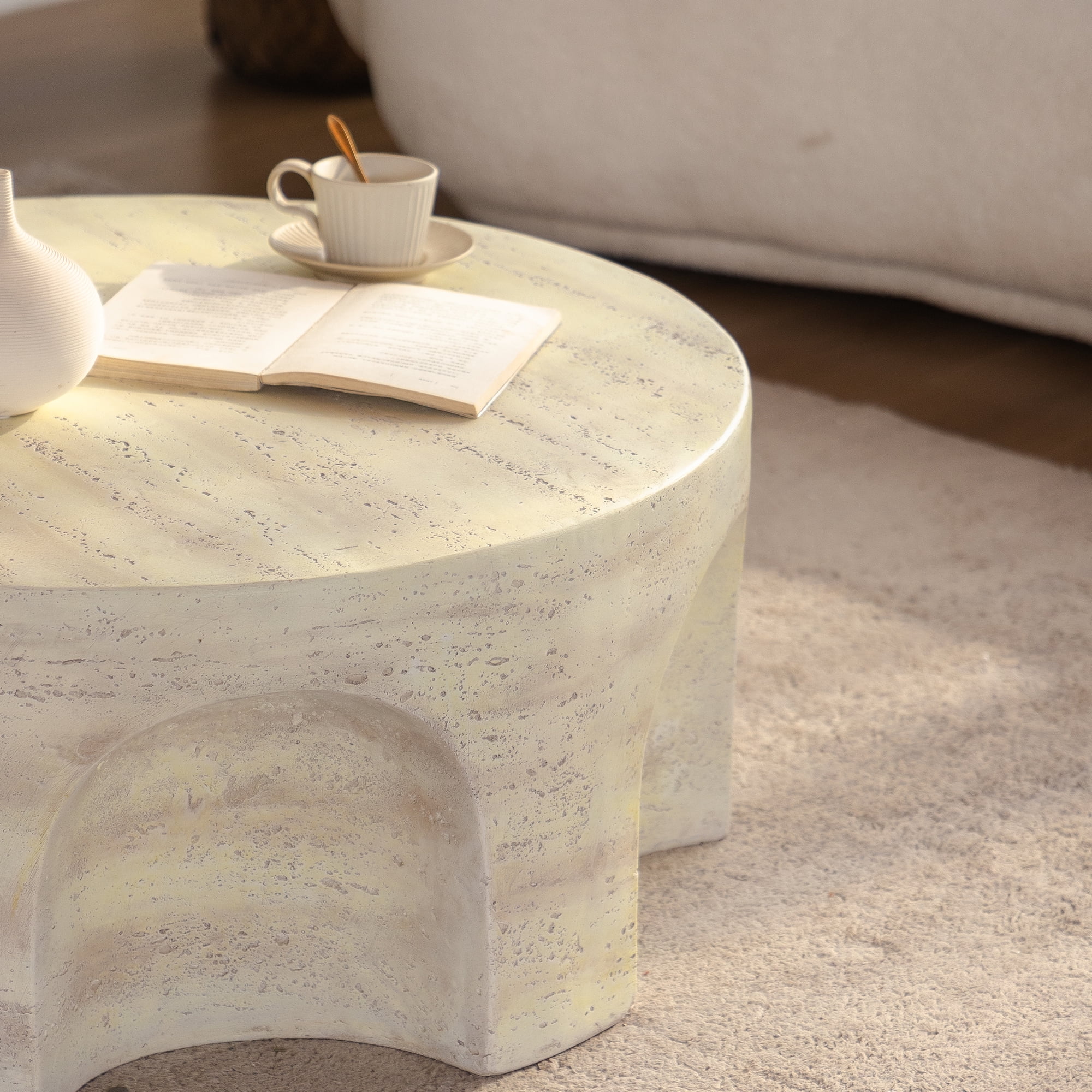 Leumius Modern Minimalist Round Accent Coffee Table with Unique Arched Cutout Base, No Assembly Required, Sturdy Structure for Living Room, Bedroom and Outdoor Home Decor