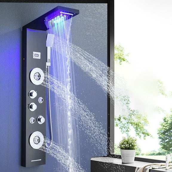 Stainless Black LED Shower Panel Tower System Rain&Waterfall Massage Jet Tub Tap