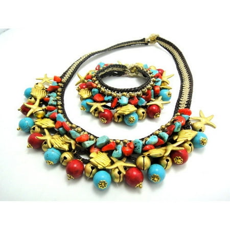 WNK International Red Coral Brass Bead Necklace and Bracelet Set
