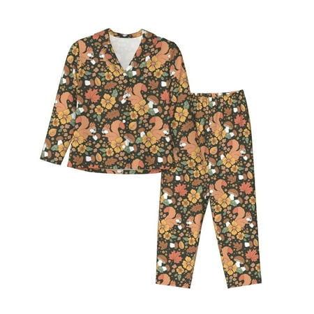 Horeoi Squirrel Mushroom Yellow Flower Pattern Fashion Long Sleeve Button Cardigan Pajamas Set Loose Two-Piece Sleepwear For Women with Long Pants-Large