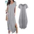 thumbnail image 2 of Deago Women's Casual Loose Pocket Long Dress Short Sleeve Split Summer Fall Maxi Dresses (Black,L), 2 of 8