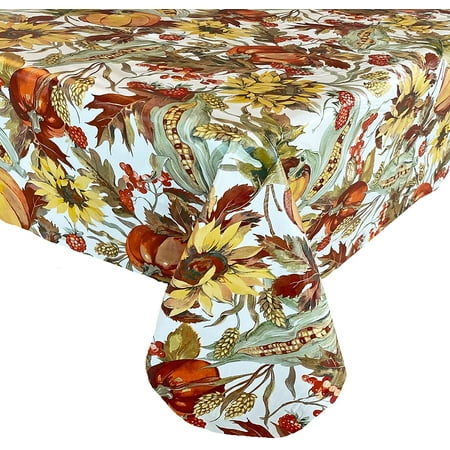 

Newbridge Fall Days Bountiful Harvest Vinyl Flannel Backed Tablecloth Autumn Leaves Sunflowers Corn Berries and Pumpkin Print Easy Care Thanksgiving Tablecloth 60” x 102” Oblong/Rectangle