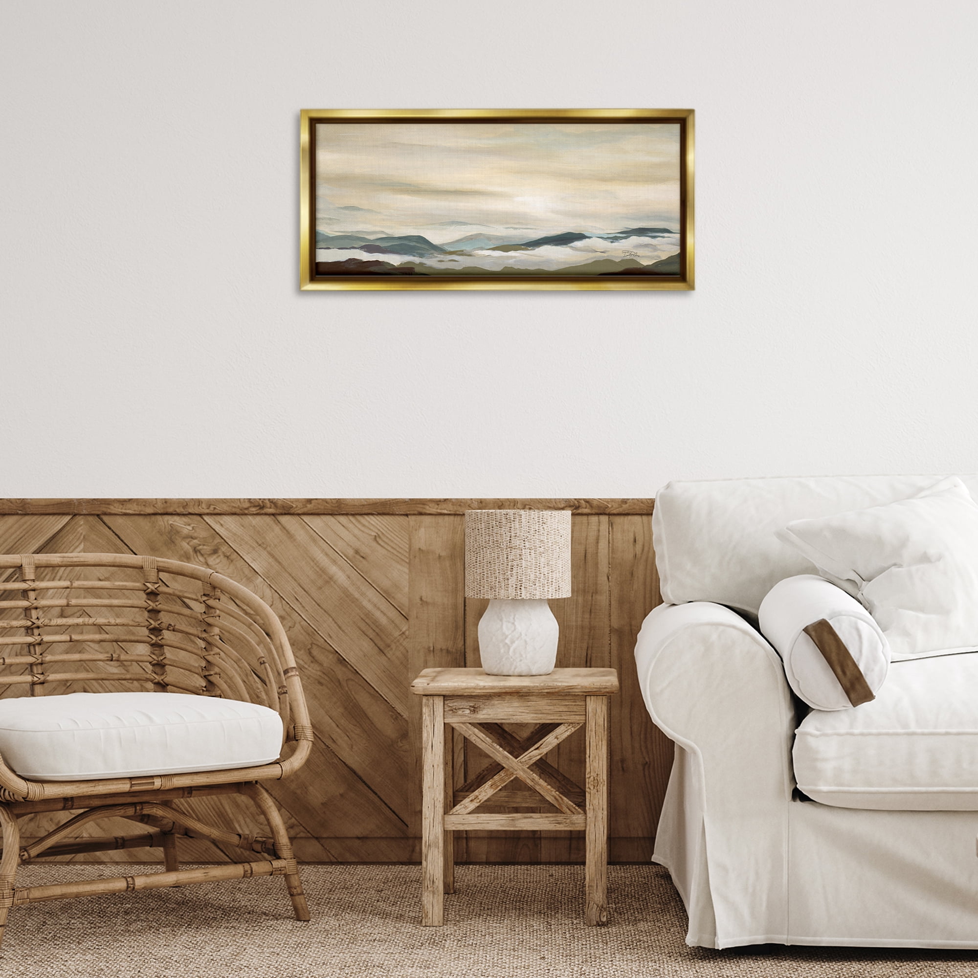 Stupell Industries Solemn Mountains Peeking Landscape Painting Gold Floater Framed Canvas Art Print Wall Art, 25 x 11