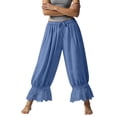 thumbnail image 5 of Women Linen Lace Trim Long Bloomers Pants Ruffle Victorian Vintage Pantaloons Summer Beach Travel Vacation Pants Royal Blue M, 5 of 6