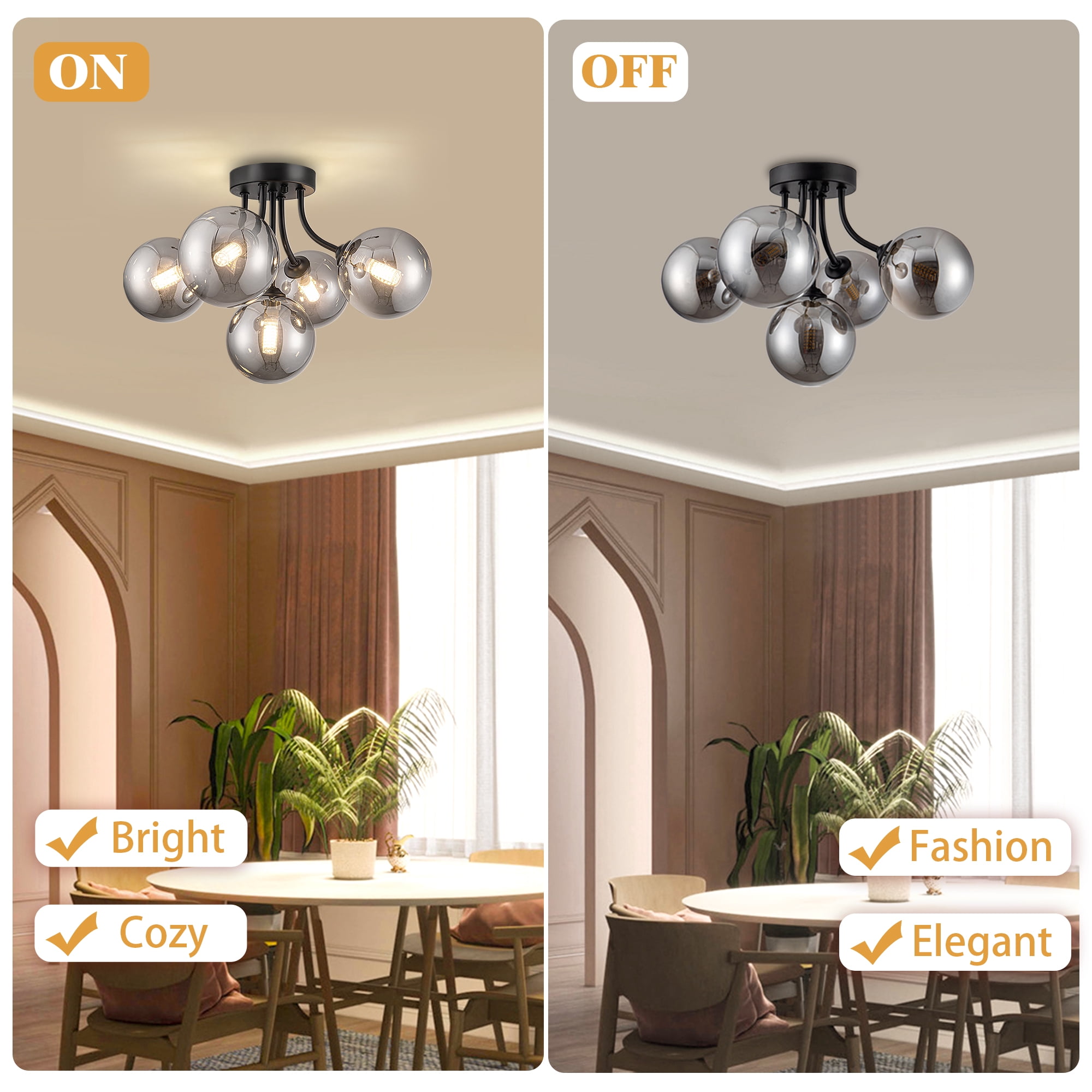 Uznhty Modern Ceiling Light 5-Light Sputnik Ceiling Light Fixture with Smoke Grey Glass Globe Semi Flush Mount Ceiling Light for Hallway Kitchen Bathroom Black 15 Inch