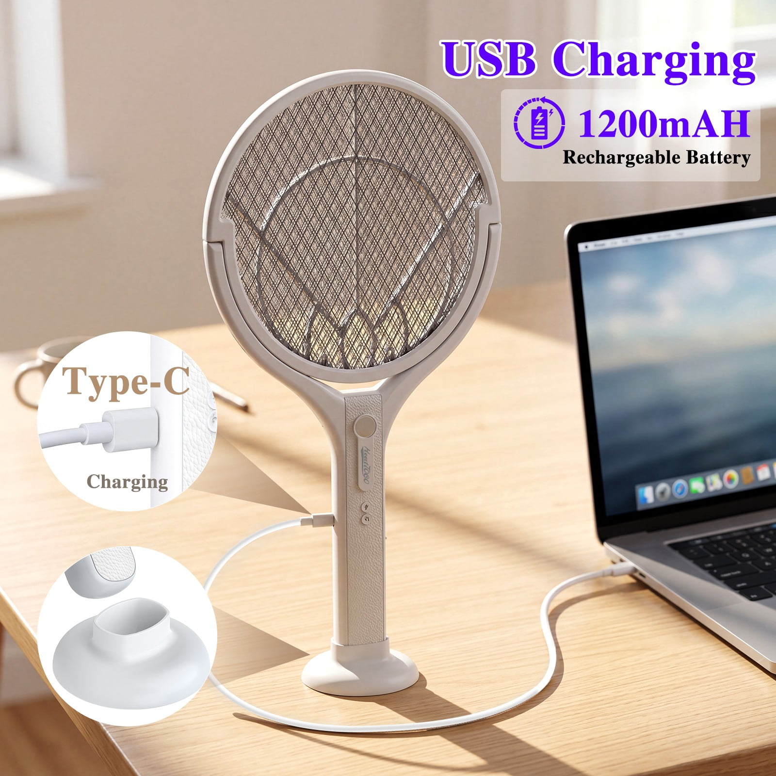 Upgreded 4000V Electric Fly Swatter Racket Rechargeable Bug Zapper For Indoor