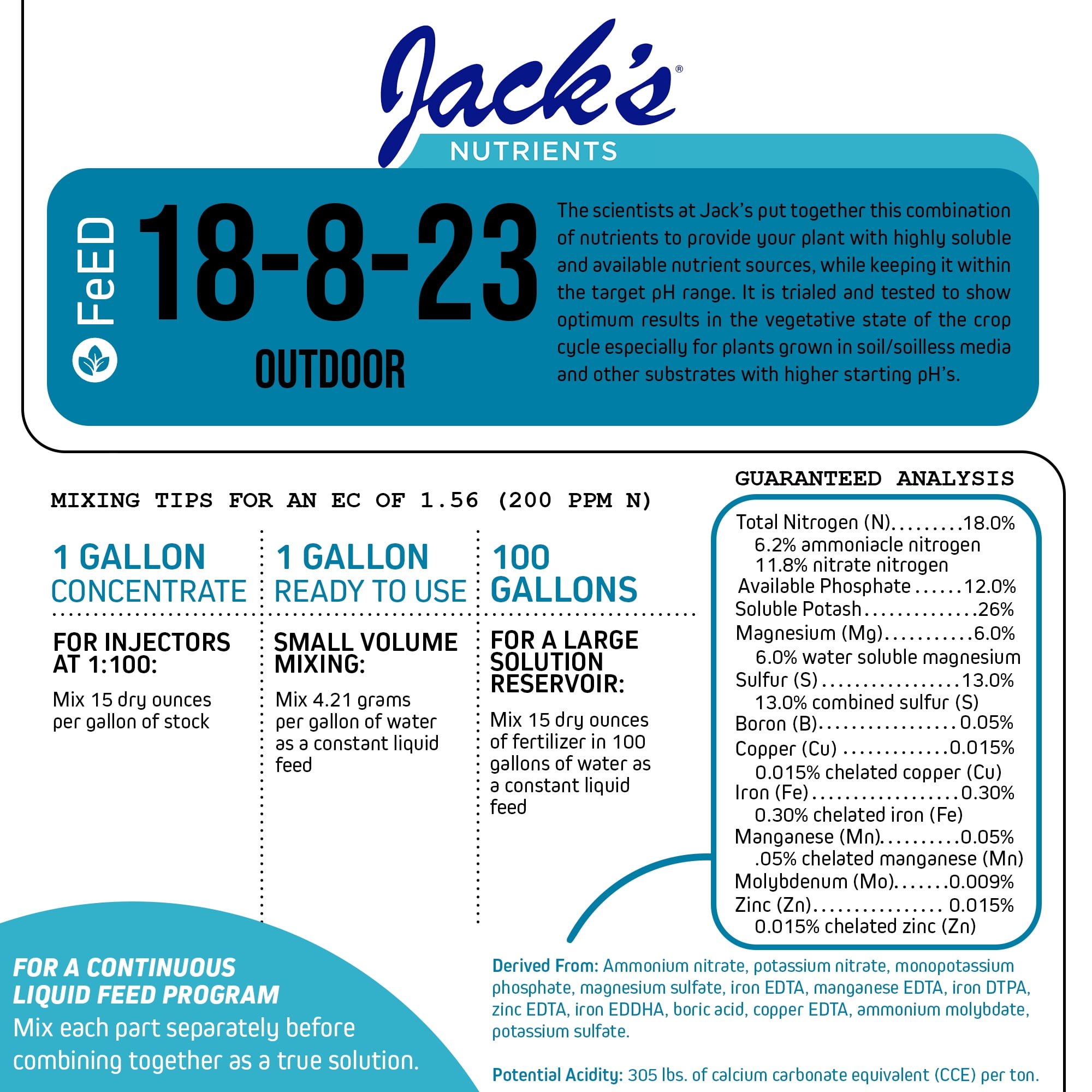 Jack’s Nutrients 18-8-23 Outdoor Water-Soluble Fertilizer, 2.2lbs - Powdered Plant Food with Micronutrients for the Growth of Leaves and Strong Roots in Continuous Liquid Feed Programs