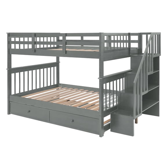 Pinovk Stairway Full-Over-Full Bunk Bed with Twin size Trundle, Storage and Guard Rail for Bedroom, Dorm - Gray(OLD SKU :LT000210AAE)