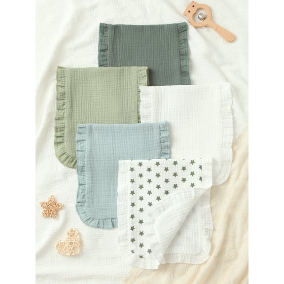 5-Pcs Muslim Cotton Baby Burp Cloths, Super Soft and Absorbent, with Solid Color Design and Cute Patterns, a must-have for Newborns