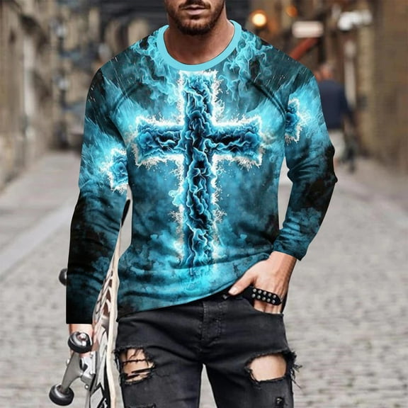COSFO Casual Shirts for Men Blue Crew Neck Long Sleeve Pullover Cross Tee Shirts Mens