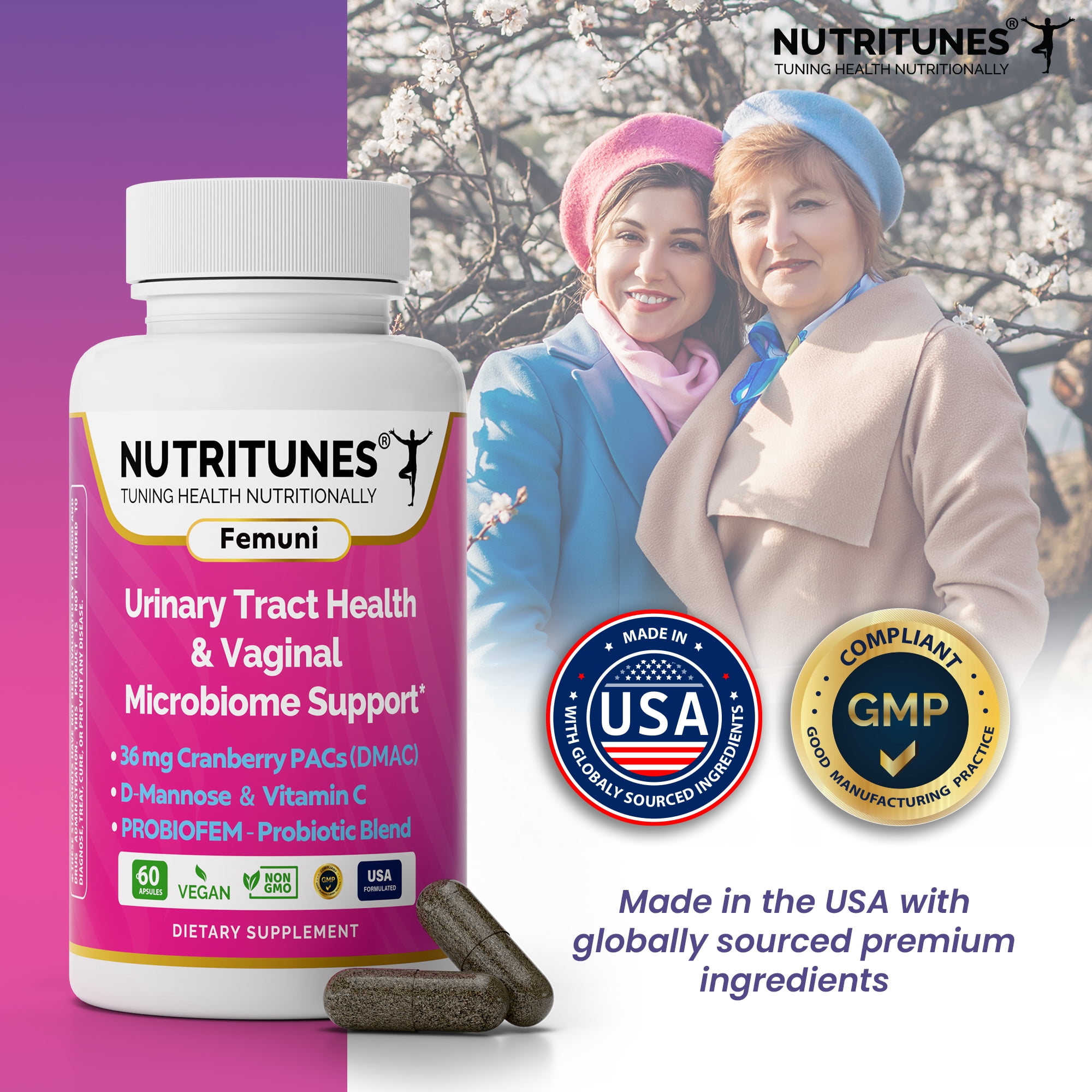 Femuni UTH Urinary Tract Health Supplement for Women – 36mg Cranberry PACs, D-Mannose, Probiotics & Vitamin C – Supports Urinary & Vaginal Health, pH Balance & Immune Support – 60 Capsules