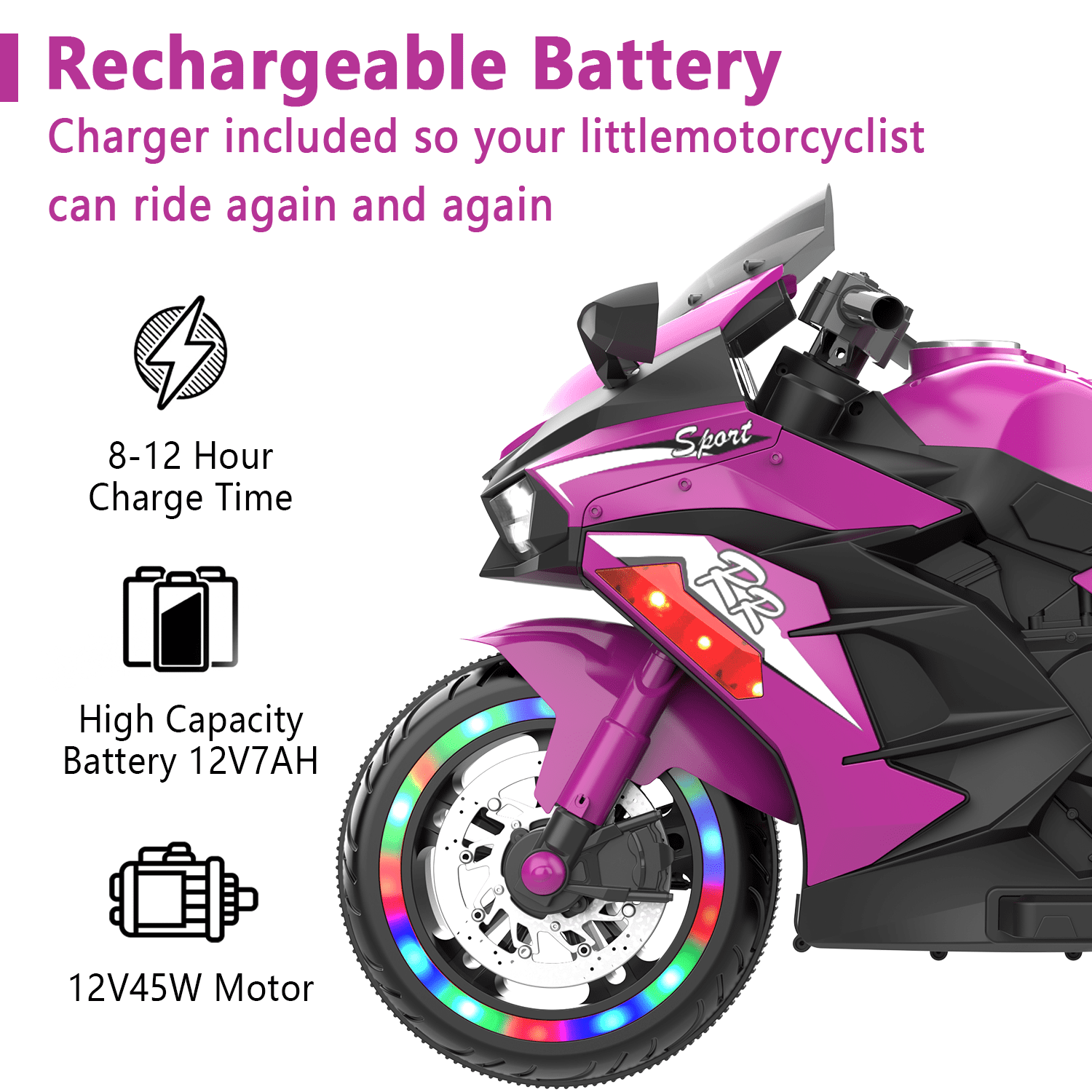TaTee 12V Kids Electric Motorcycle, Battery Powered Ride-On Toy with Training Wheels for Boys & Girls Ages 3-6, Bluetooth Music & LED Lights, Purple