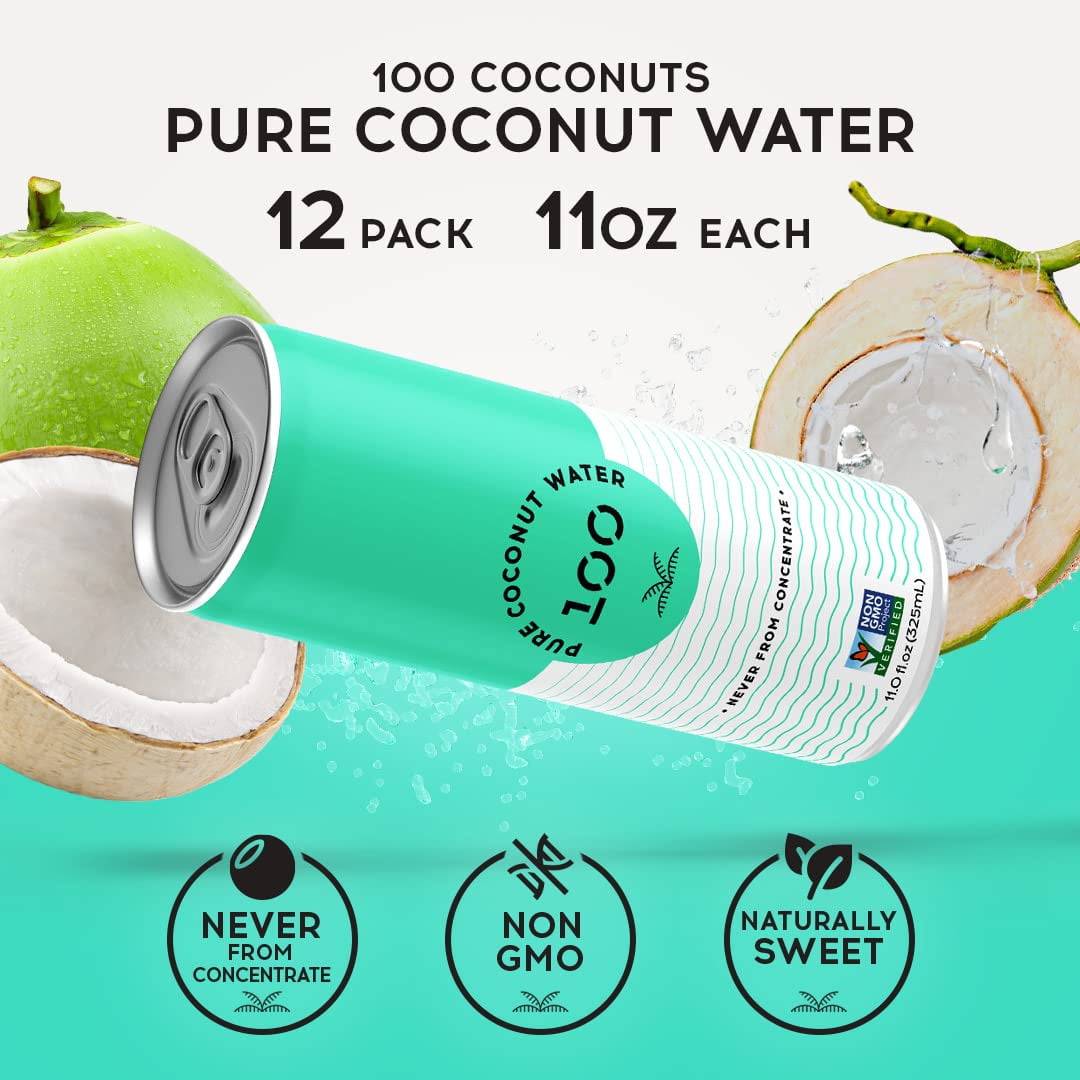 100 Coconuts Pure Coconut Water, Liquid Hydration, 11 fl oz Can