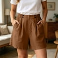 thumbnail image 2 of Rggeeun Women Shorts Solid Color Elastic High Waist Loose Fit Wide Leg Cotton Linen With Side Pockets & Buttons For Party Leisure Bottoms,Coffee,Xl, 2 of 5