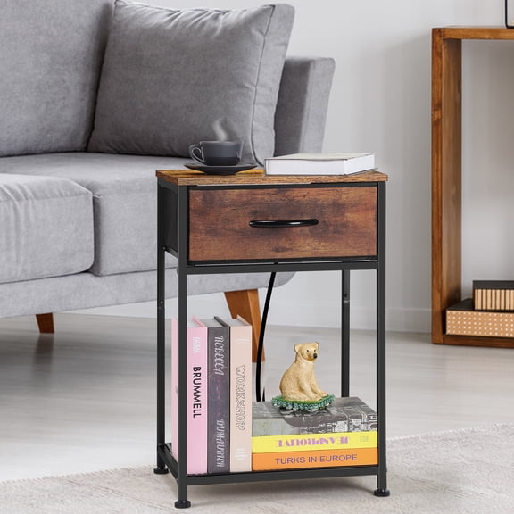 Rustic Nightstand with Charging Station (Set of 2), End Table with Fabric Drawer & USB Ports