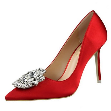 

Juebong Women Pumps Elegant Rhinestone High Heels Shoes Sexy Thin Pointed Single Shoes Red Size 43