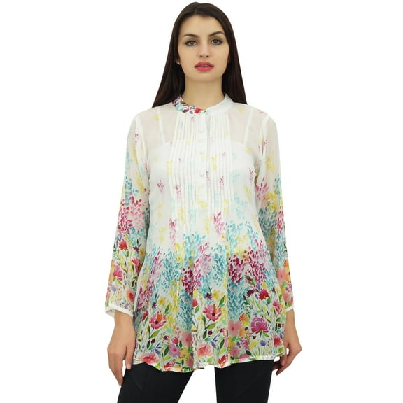 Phagun Women's White Digital Printed Shirt Pin Tucks Neck Tunic Top Blouse-4