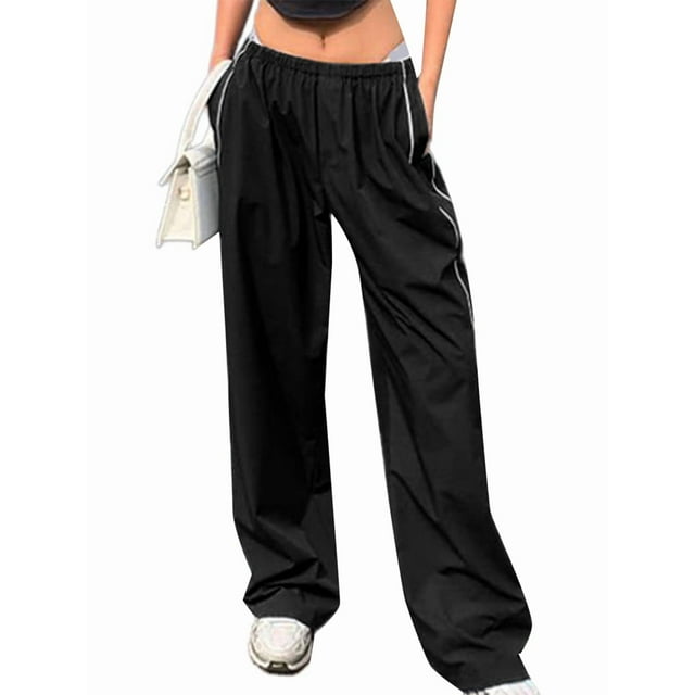 Pantalones de Paracaídas para Mujer, Pantalones Holgados de Pierna , Pantalones Deportivos con Cintura Elástica Y2K, Pantalones Deportivos, Ropa de Calle Negro L