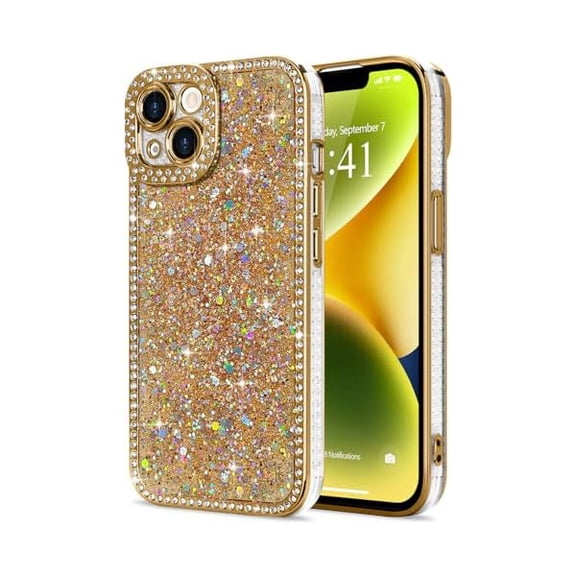 for iPhone 14 Case Glitter, Luxury Shiny Bling Sparkly Phone Cover with Crystal Diamonds Rhinestone for Women Girls Soft TPU Slim Shockproof Protective Phone Case for iPhone 14 6.1", Gold