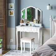 AMUZER Vanity Set with Charging Station and Tri-Fold Mirror, Modern Dressing Table Dresser Desk for Bedroom, White
