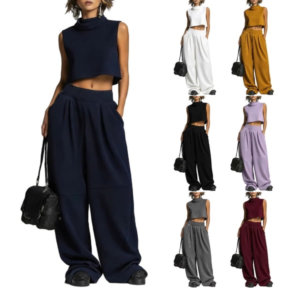 mihongmao Summer 2 Piece Sets For Women Dressy Club Outfits Women Turtleneck Sleeveless Crop Top 2 Piece Outfit Casual Loose Wide Leg Sweatpants Set With Pockets Black XL