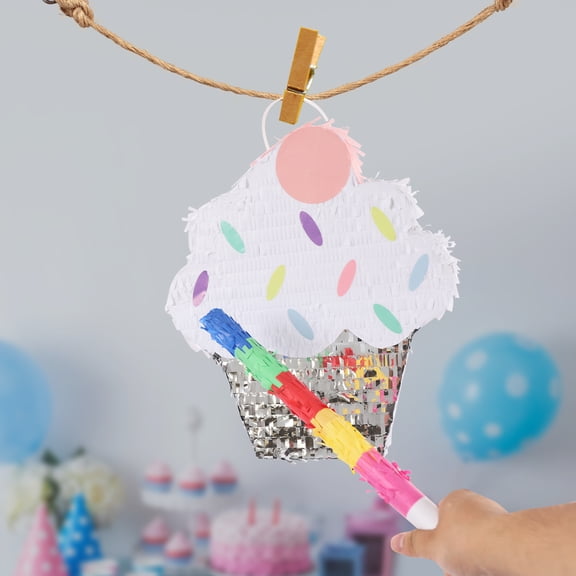 Cute Ice Cream Cake Pinata (Colorful) - 33*38cm Size with 45cm Stick, ≤2kg Load Capacity - Hand-Pasted PVC & Paper Material