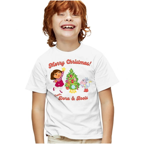 Popfunk Happy Holidays from Dora and Boots Kids T Shirt for Youth Boys and Girls, White, Small