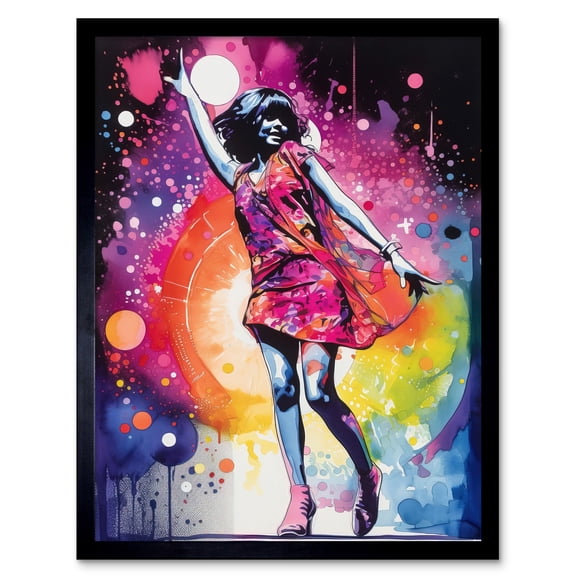 Disco Music Fever Dance Moves Woman in Rainbow Dancefloor Light Modern Watercolour Painting Art Print Framed Poster Wall Decor 12x16 inch