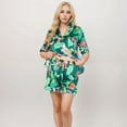 thumbnail image 4 of Women's Tropical Bird Print Satin Pajama Set with Short Sleeve Button-Up Top and Relaxed Fit Elastic Waist Shorts - Green, Large, 4 of 7