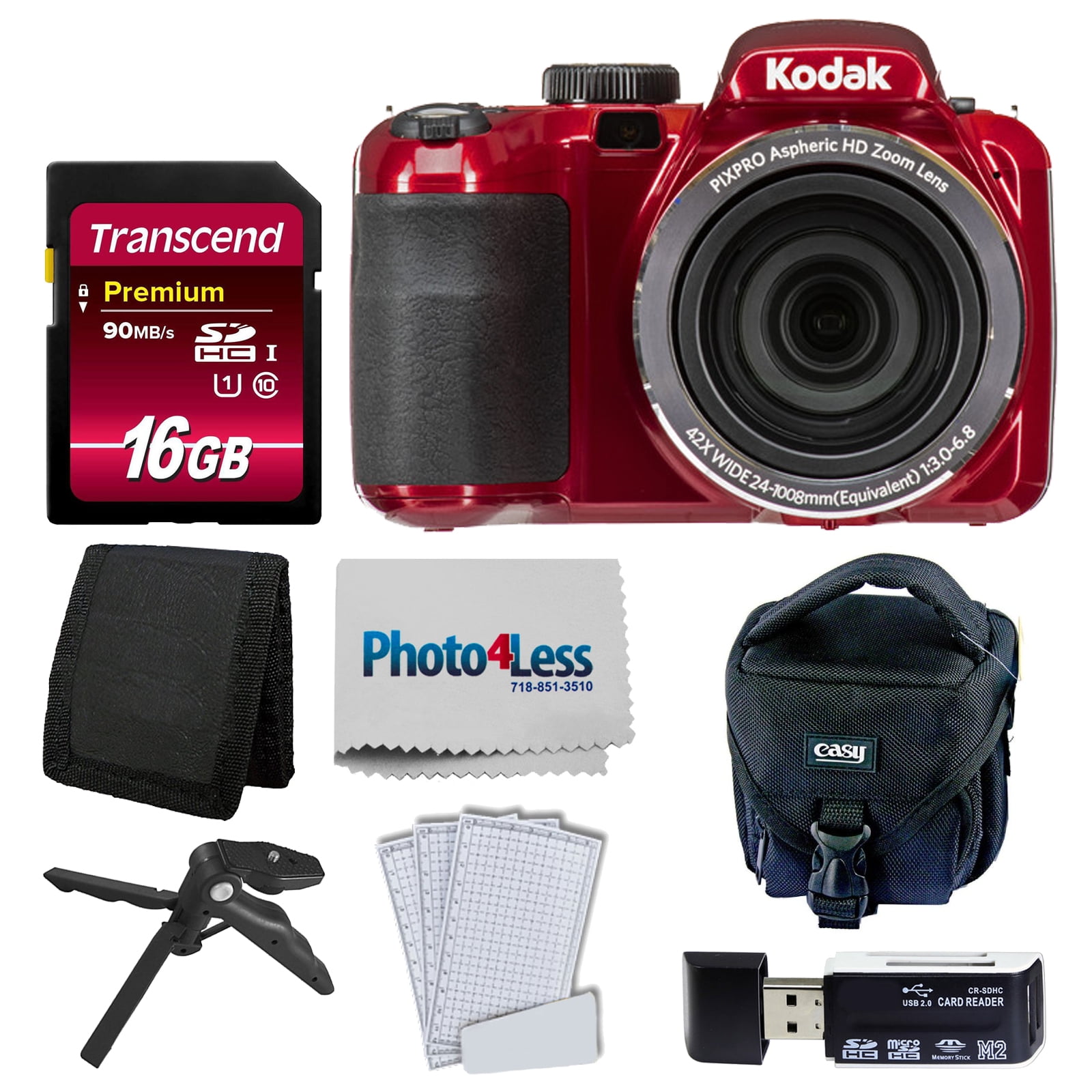 Kodak PIXPRO AZ421 Digital Camera (Red) Bundle + 16GB Memory SD Card