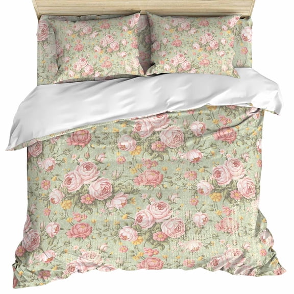 Pink Flowers Duvet Cover Set, Green Country Botanical Floral Leaves Soft Duvet Cover Full Size Bedding Set 4 Pieces, 1 Quiltcover and 2 Pillowcases with Zipper, 1 Bed Sheet for All Seasons