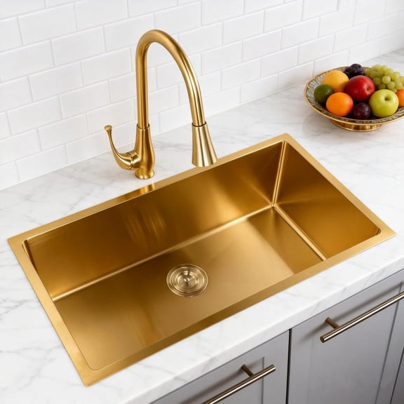 32 Inch Gold Kitchen Sink, 32 x 19 Inch Undermount Single Bowl Kitchen Sink, 16 Gauge Stainless Steel Sinks for Kitchen