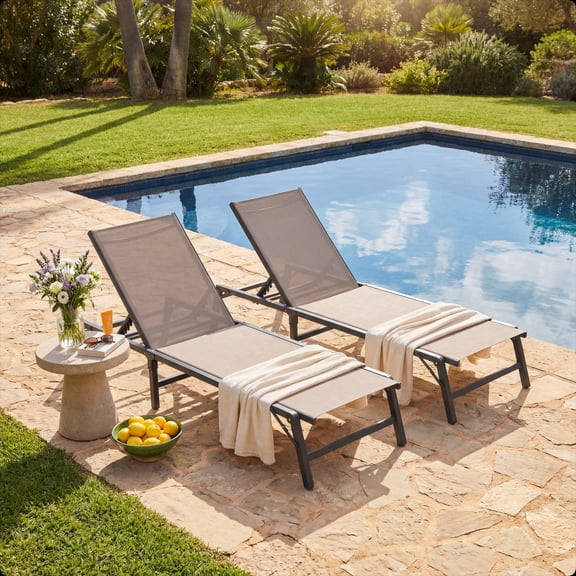 KAMEROUT Patio Chaise Lounge Chair Set of 2, Outdoor Lounge Chairs with 5-Position Adjustable Backrest for Poolside, Deck, Backyard