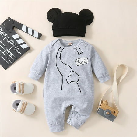 

NIUREDLTD Baby Girls Boys Long Sleeve Cartoon Print Romper Jumpsuit With Hat Set 2PCS